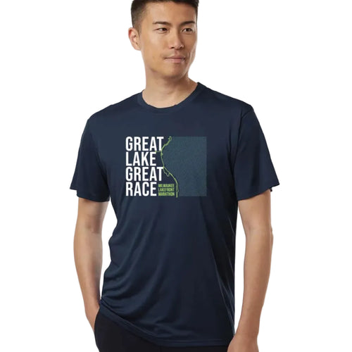 Men's Milwaukee Lakefront Marathon Great Lake Great Race Tech T-Shirt - Navy